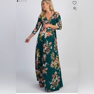 PinkBlush Green Rose Print Sash Tie Maternity Maxi Dress